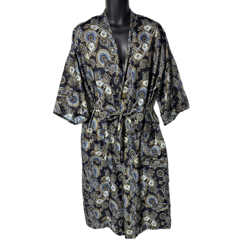 Vtg Bill Blass Novelty Money Currency Dollar Bill Print Robe Smoking Jacket OS